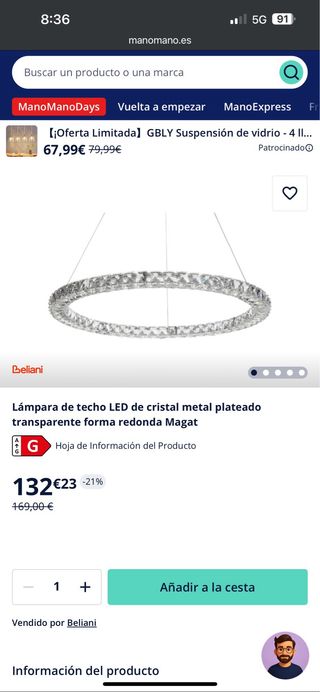 Lámpara de diseño colgante cristal metal