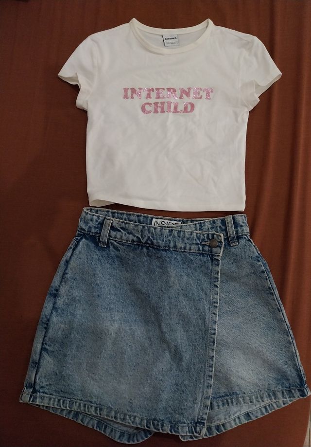 Lote Bershka: Camiseta Blanca y Falda Vaquera