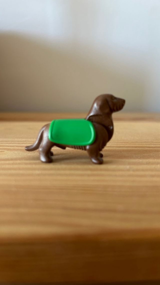 Perro Playmobil marrón con silla verde