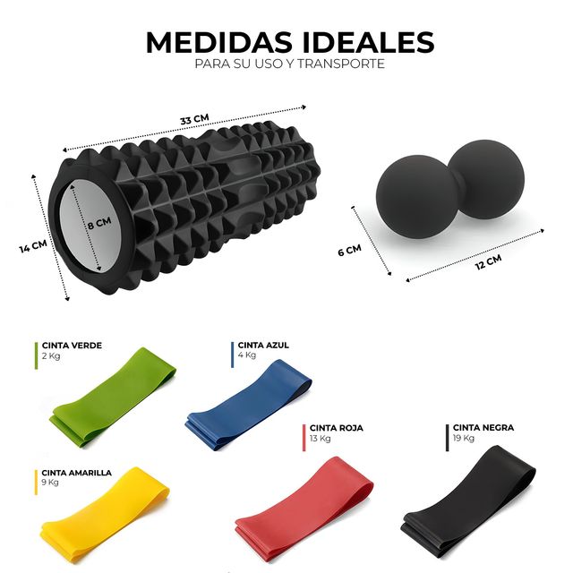 Pack Masajeador Foam Roller, Bandas y Pelota