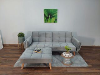 !!NUEVO!!Sofá Cama Gris Tela y Madera+PUFF!!