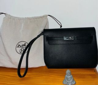 Pochette Hermès Kelly Dépeches in pelle Epsom nera