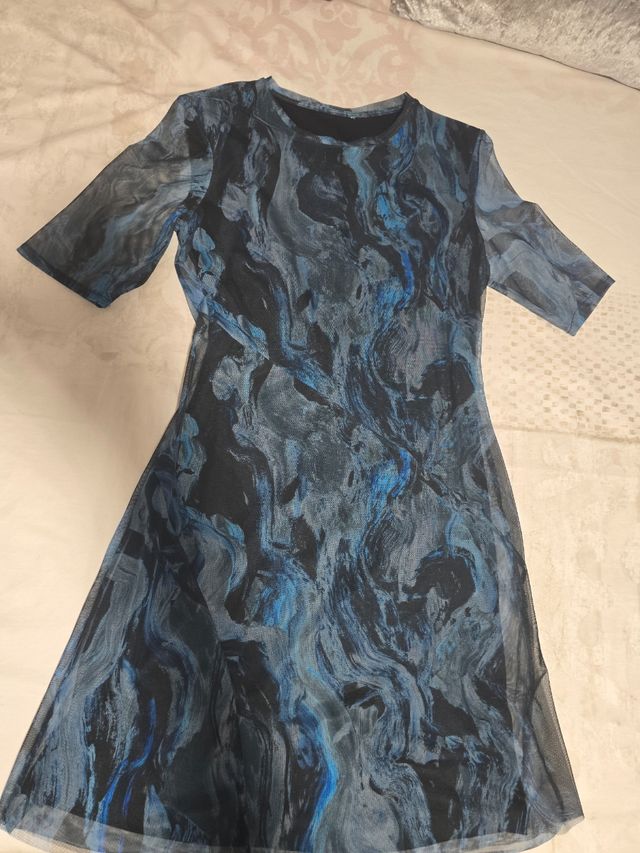 Vestido Desigual Malla Estampado Azul Negro