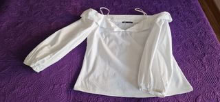 Blusa Zara Hombros Descubiertos Algodón Blanca