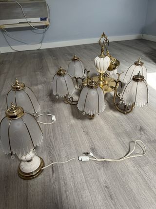 Lámpara Techo y 2 Mesilla Vintage Oro Blanco