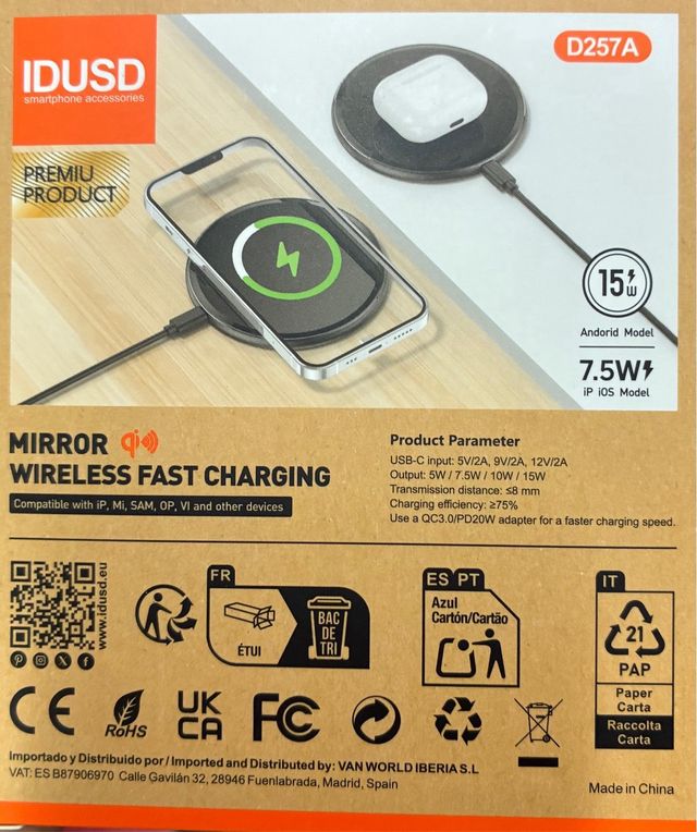 Cargador Inalámbrico Rápido IDUSD D257A