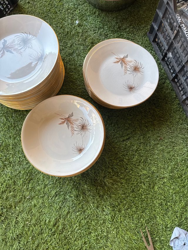 Juego de platos de cerámica con borde dorado