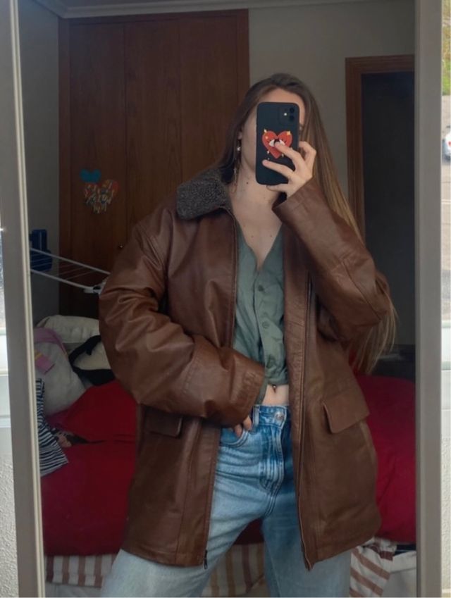 Chaqueta de cuero auténtico marrón