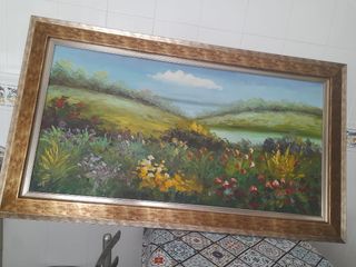 Cuadro Lienzo Paisaje Flores Marco Madera Dorado