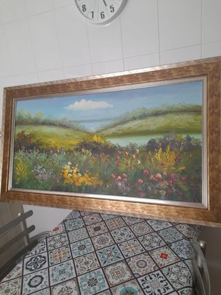 Cuadro Lienzo Paisaje Flores Marco Madera Dorado