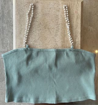 Top Shein verde agua con tirantes de perlas, M/38