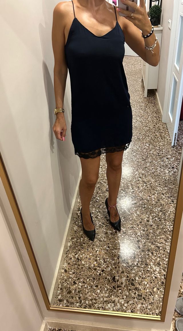 Vestido lencero de Mango azul / encaje negro t. M