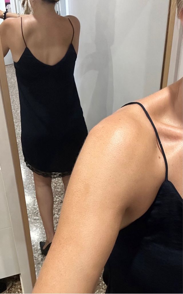 Vestido lencero de Mango azul / encaje negro t. M