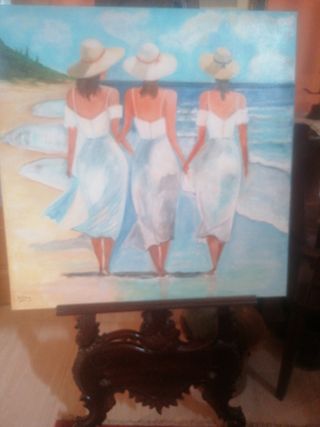 Cuadro al óleo 80x80 Mujeres en la playanuevo