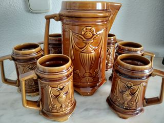 Juego Jarra y Vasos Cerveza Porcelana Marrón