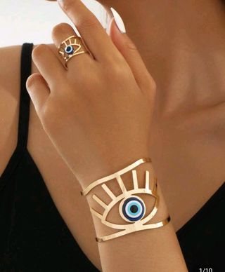 Conjunto Anillo y Pulsera Ojo Turco Dorado
