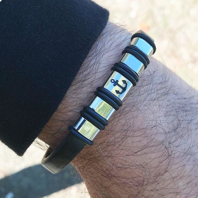 Pulsera ancla acero y cuero negro ajustable