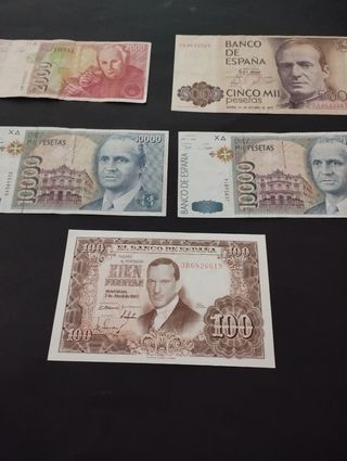 Billetes españoles antiguos: 100, 5000, 10000 pese