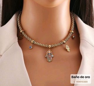 Collar Bañado en Oro con Ojo Turco y Mano de Fátim