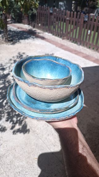 Set Vajilla Cerámica Artesanal Azul y Beige