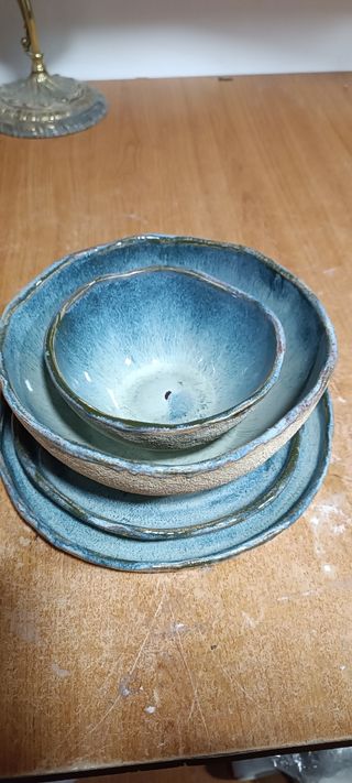 Set Vajilla Cerámica Artesanal Azul y Beige