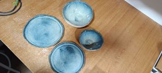 Set Vajilla Cerámica Artesanal Azul y Beige