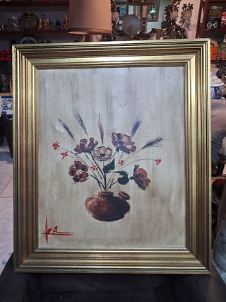 Antiguo cuadro óleo flores