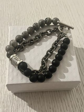 Bracciale Uomo Perle Nere e Grigie con Catena