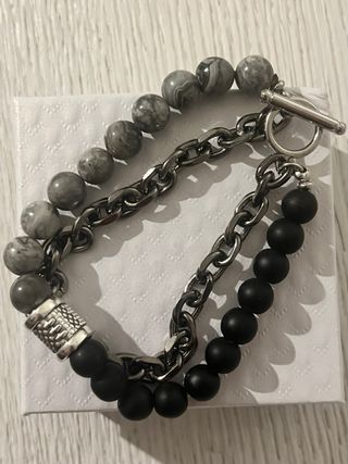 Bracciale Uomo Perle Nere e Grigie con Catena