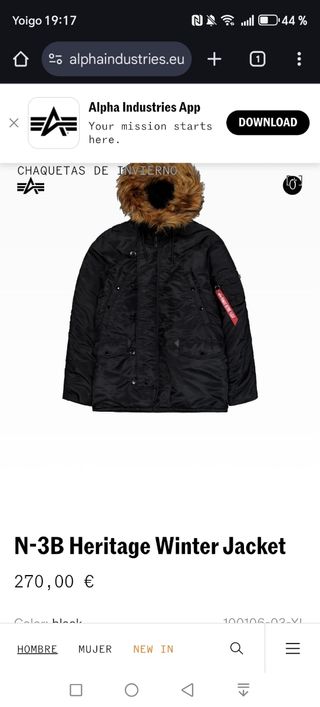 Chaqueta Alpha Industries N-3B Heritage Negra
