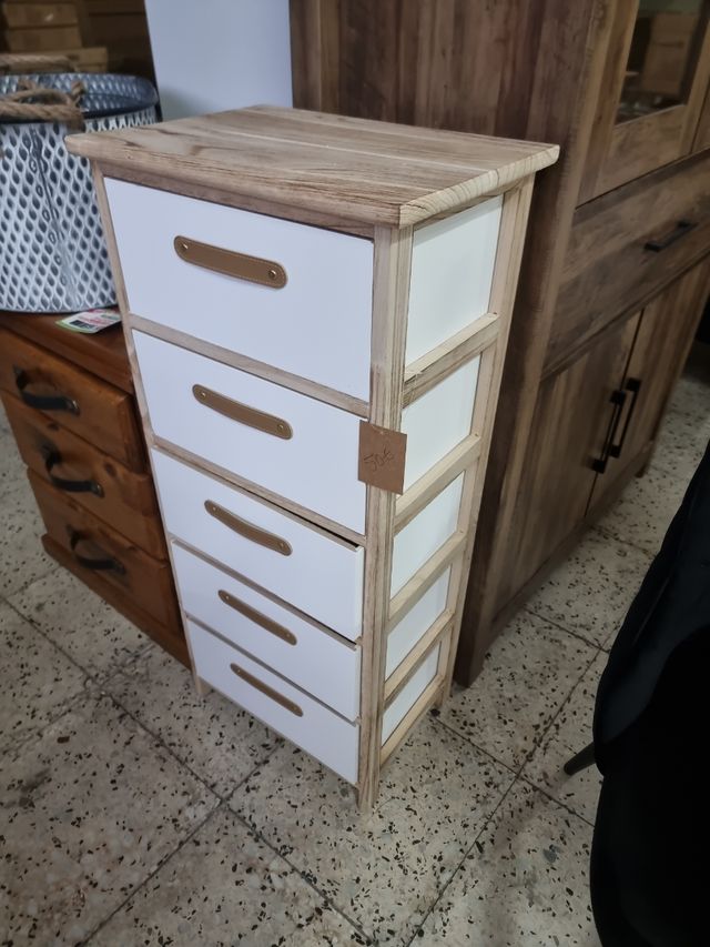 Cajonero blanco y madera con tiradores