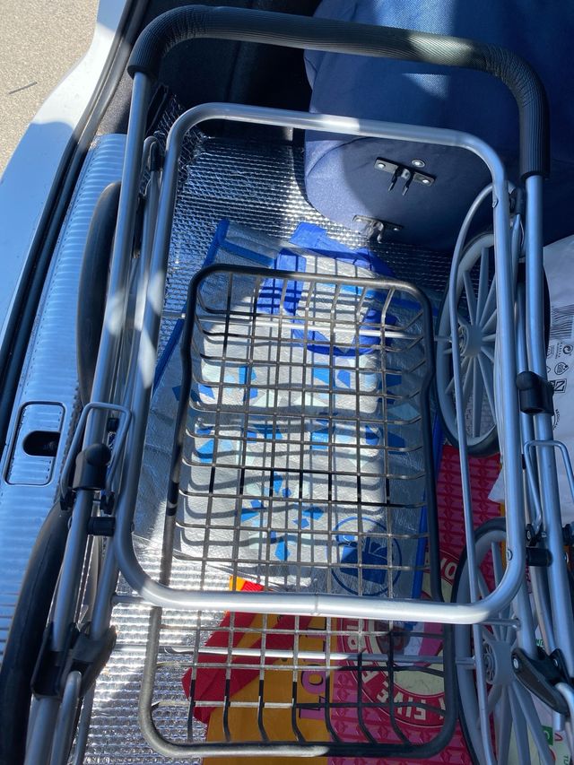 Carrito de muñecas azul con lazos rosas