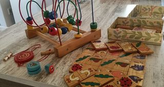 Juegos infantiles madera: dominó, laberinto, yo-yo