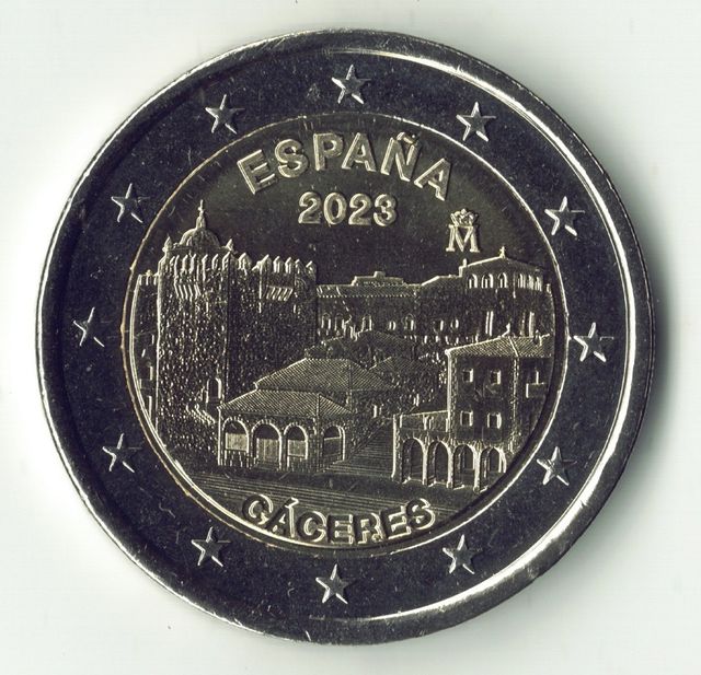 Moeda de 2 euros Espanha 2023 Cáceres, não circulou.