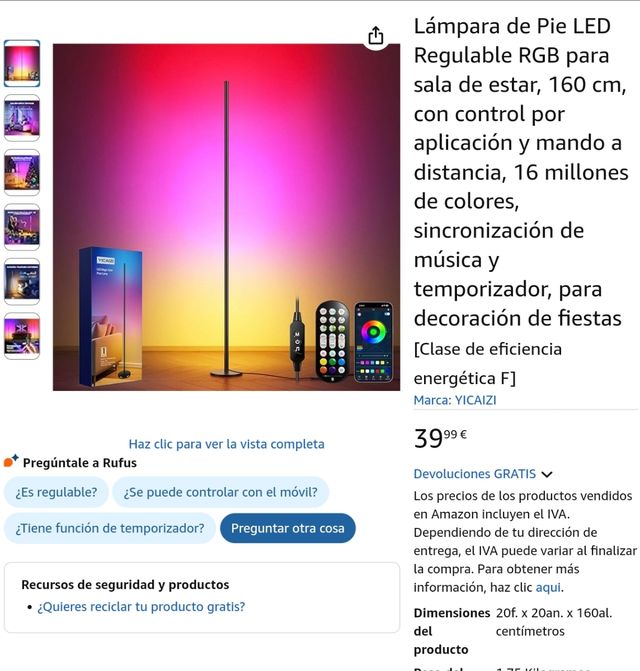 Lámpara De Pie LED RGB Regulable 160 Cm | 16 Millones De Colores | Control Por App, Mando Y Botón | Sincronización Con Música Y Temporizador | Decoración Para Salón Y Fiestas
