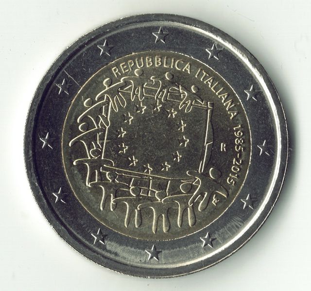 Moeda de 2 euros Itália 2015. 30 anos de bandeira da UE