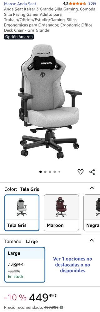 Anda Seat Kaiser 3 Silla Gaming Tela Gris