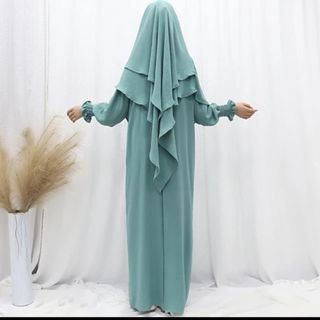 Abaya Beige y gri con Hijab Doble Capa