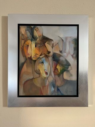 Quadro astratto multicolore con cornice in argento