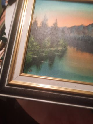 Cuadro Óleo Antiguo Montañas Lago Atardecer 