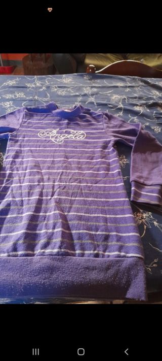 Maglia a righe viola con scritta Angela 9 anni