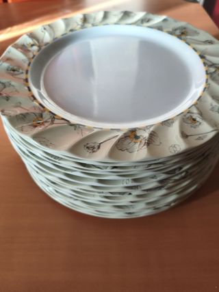 Platos llanos de plástico beige y blanco