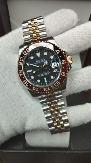 Reloj Seiko Mod GMT Rootbeer Oro Rosa Marrón Negro