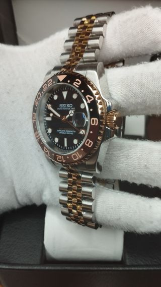 Reloj Seiko Mod GMT Rootbeer Oro Rosa Marrón Negro