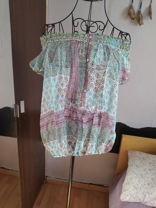 Blusa seda verde y rosa