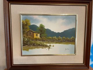 Cuadro paisaje con casa y lago