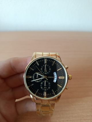 Reloj Geneva Cuarzo Lujo Calendario Dorado Negro