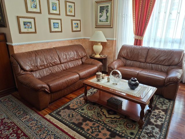 Dos sofás de piel marrón