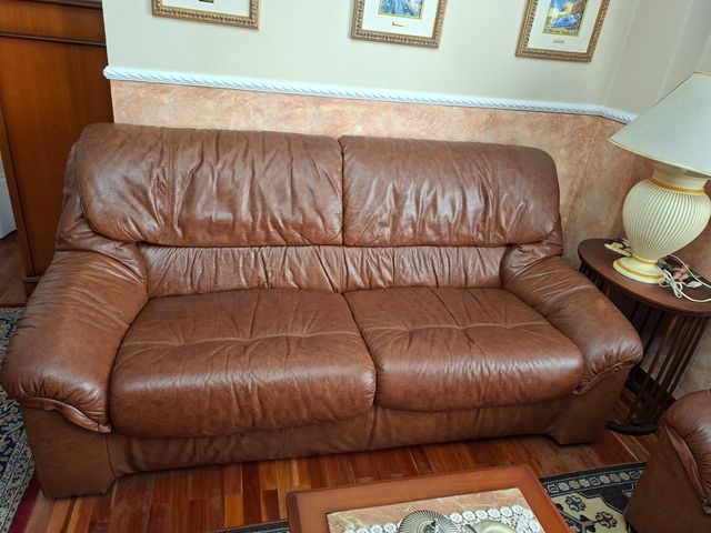 Dos sofás de piel marrón