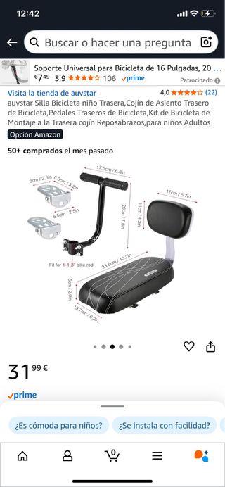 Silla para niño para bicicleta trasera
